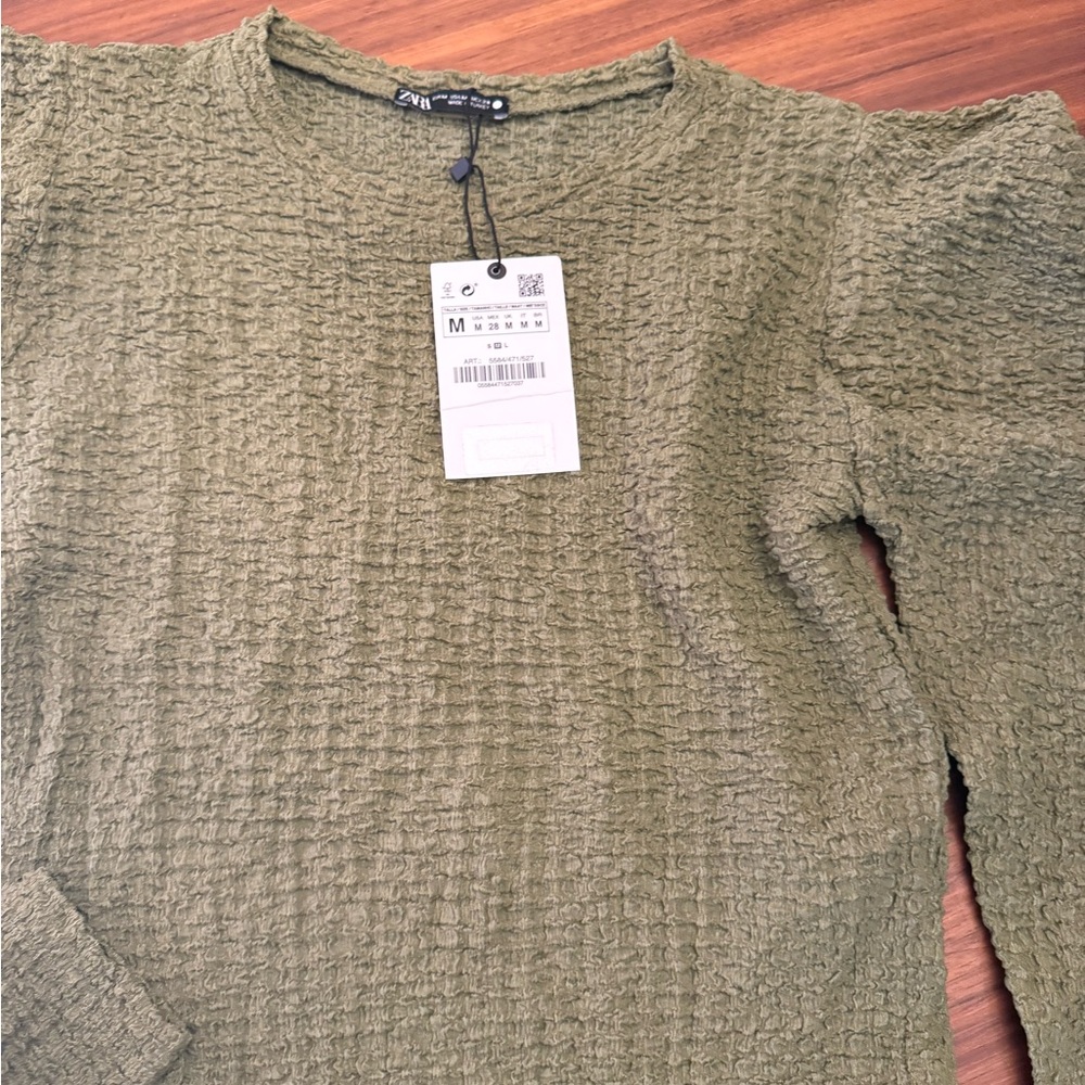 Zara Khaki Crinkle Long Sleeve Top
